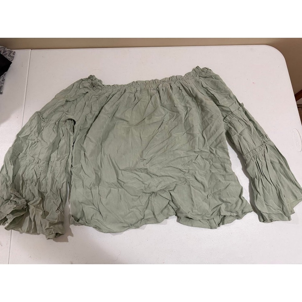 Sage Light Green Off The Shoulder Ruffle Tiered Bell Sleeve Blouse Medium